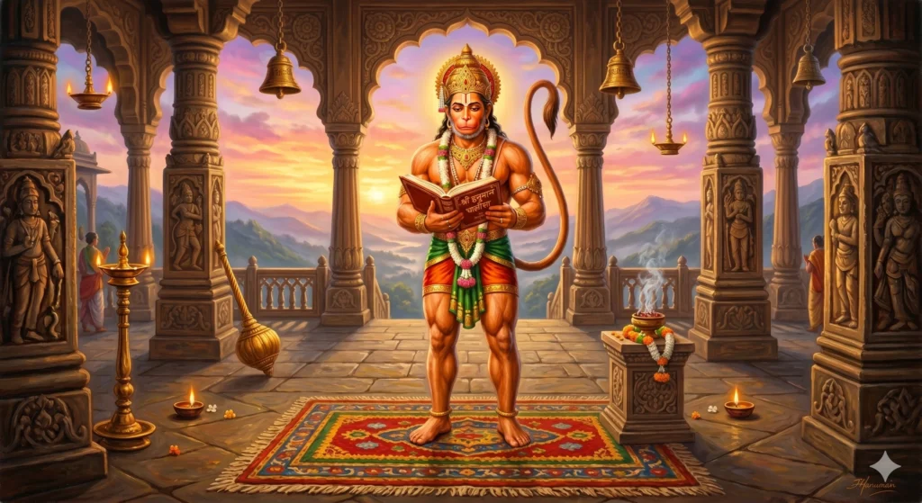 in this image hanuman chalisa in temple reading his book